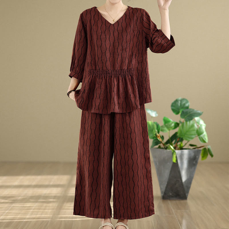 Nimara Ritual 2pcs Striped Pattern Short Sleeve Shirt Polyester 7 Length Harem Pants Set With Pocket