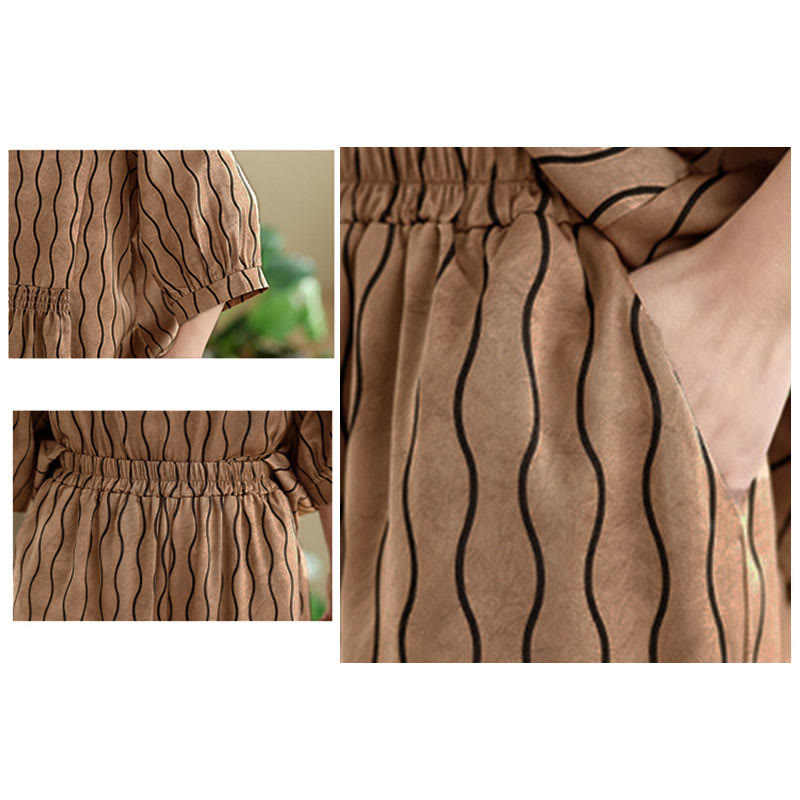 Nimara Ritual 2pcs Striped Pattern Short Sleeve Shirt Polyester 7 Length Harem Pants Set With Pocket