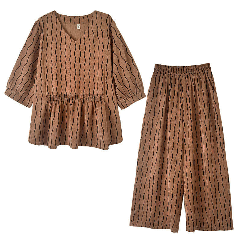 Nimara Ritual 2pcs Striped Pattern Short Sleeve Shirt Polyester 7 Length Harem Pants Set With Pocket