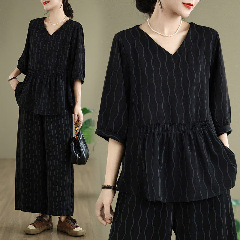 Nimara Ritual 2pcs Striped Pattern Short Sleeve Shirt Polyester 7 Length Harem Pants Set With Pocket