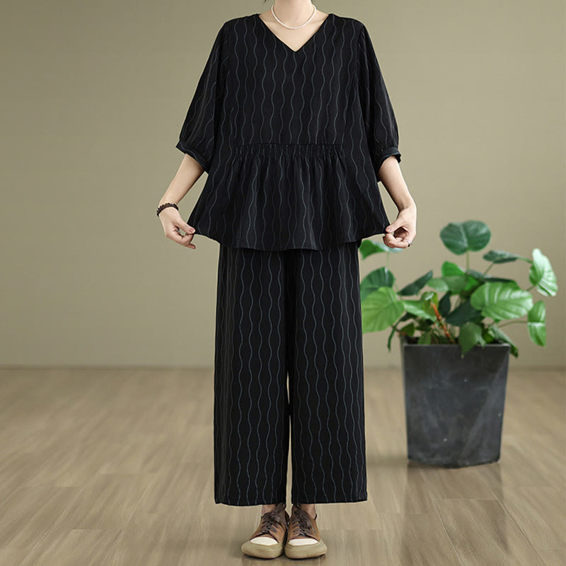 Nimara Ritual 2pcs Striped Pattern Short Sleeve Shirt Polyester 7 Length Harem Pants Set With Pocket