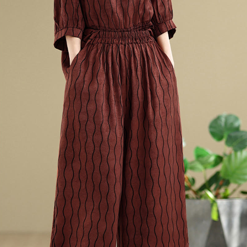 Nimara Ritual 2pcs Striped Pattern Short Sleeve Shirt Polyester 7 Length Harem Pants Set With Pocket