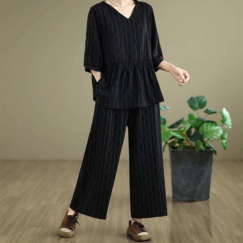 Nimara Ritual 2pcs Striped Pattern Short Sleeve Shirt Polyester 7 Length Harem Pants Set With Pocket