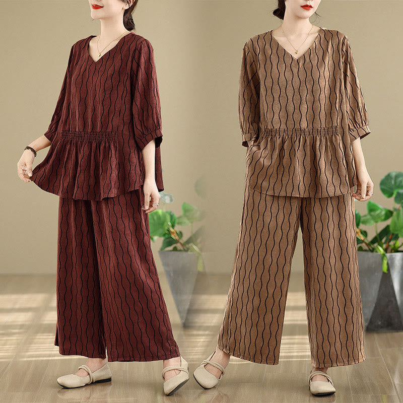 Nimara Ritual 2pcs Striped Pattern Short Sleeve Shirt Polyester 7 Length Harem Pants Set With Pocket