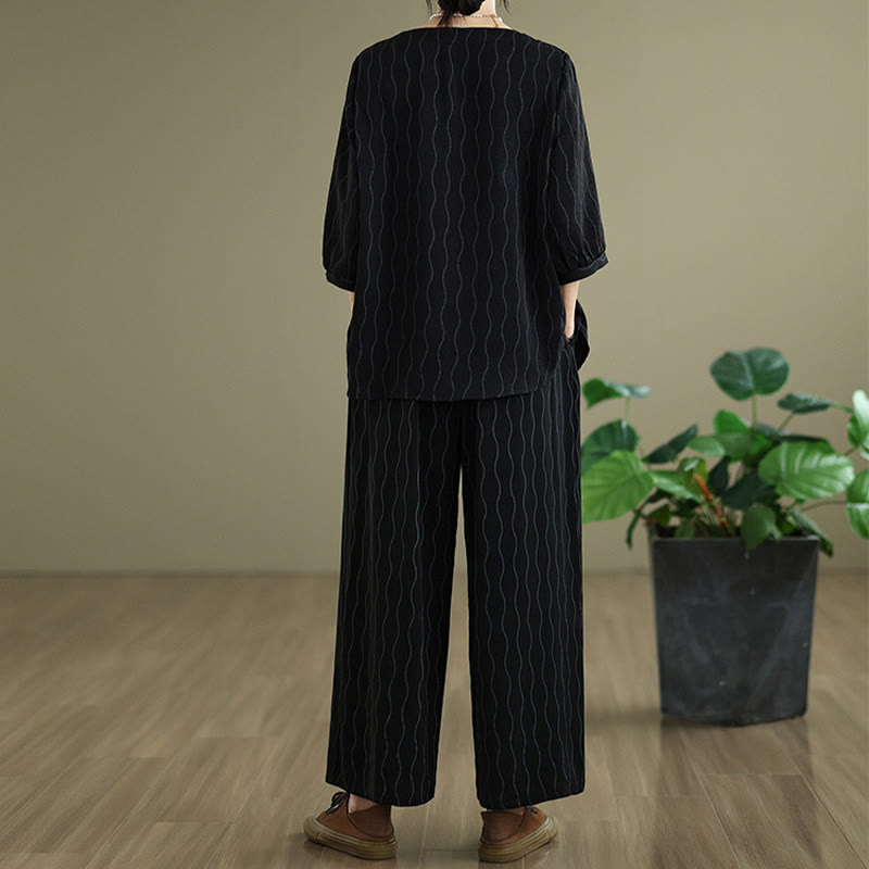 Nimara Ritual 2pcs Striped Pattern Short Sleeve Shirt Polyester 7 Length Harem Pants Set With Pocket