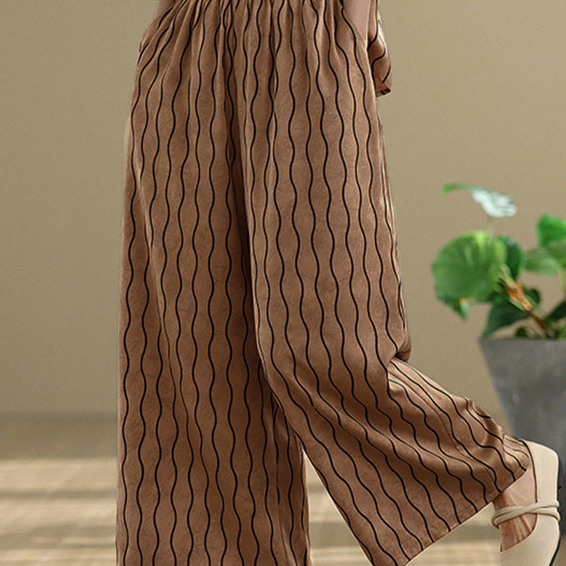 Nimara Ritual 2pcs Striped Pattern Short Sleeve Shirt Polyester 7 Length Harem Pants Set With Pocket