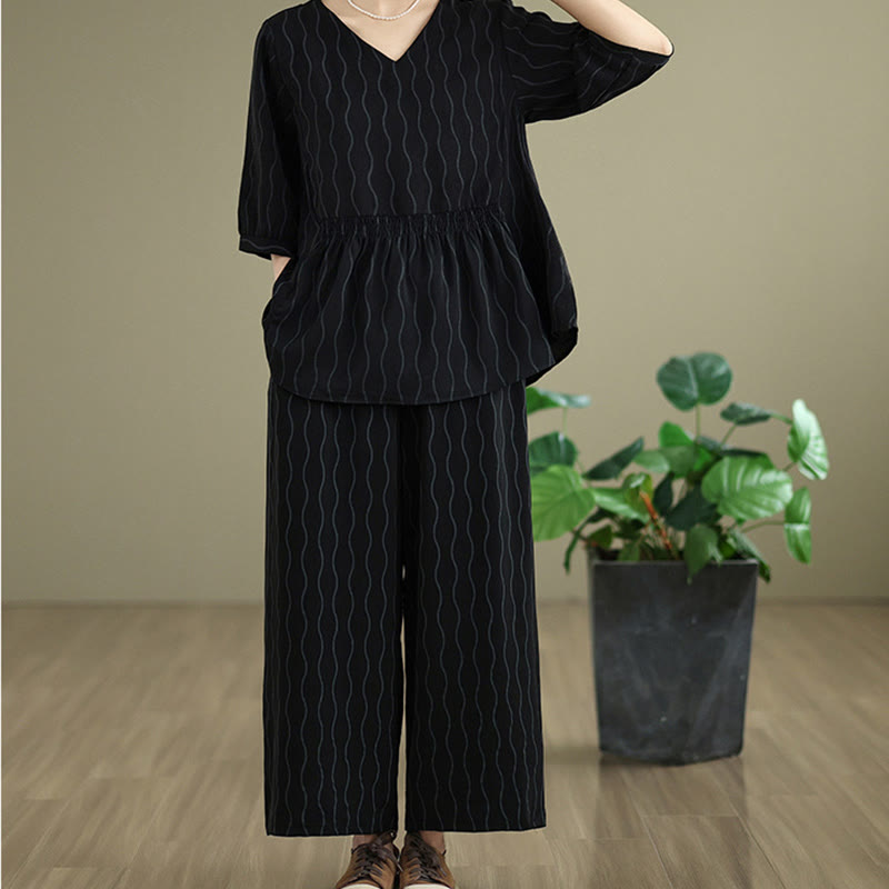 Nimara Ritual 2pcs Striped Pattern Short Sleeve Shirt Polyester 7 Length Harem Pants Set With Pocket
