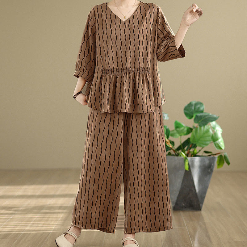 Nimara Ritual 2pcs Striped Pattern Short Sleeve Shirt Polyester 7 Length Harem Pants Set With Pocket