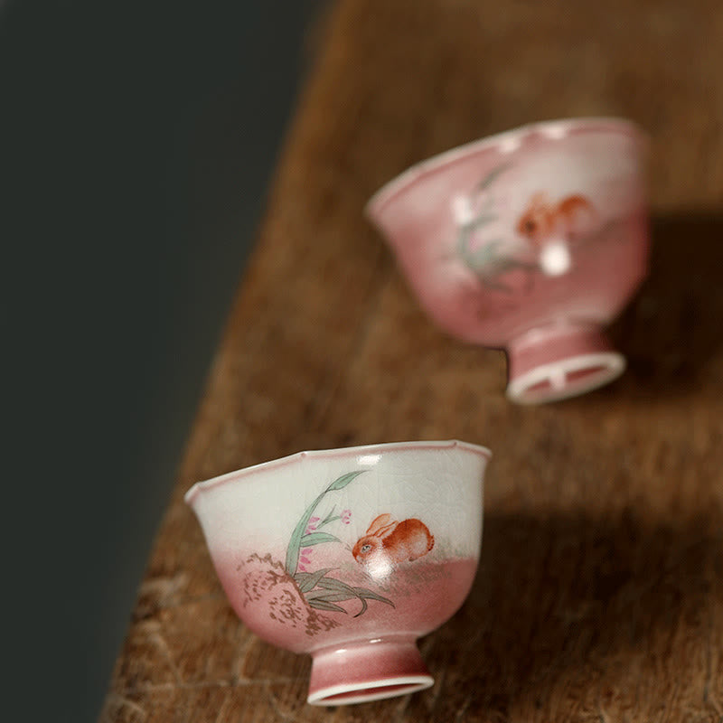 Nimara Ritual Hand-painted Rabbit Orchid Flower Begonia Ceramic Teacup Kung Fu Tea Cup 75ml