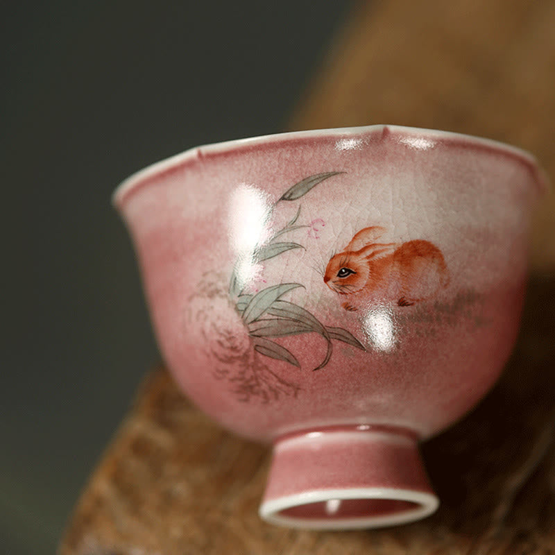Nimara Ritual Hand-painted Rabbit Orchid Flower Begonia Ceramic Teacup Kung Fu Tea Cup 75ml
