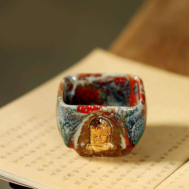 Nimara Ritual Hand-painted Dunhuang Meditating Buddha Shino Ceramic Teacup Kung Fu Tea Cup