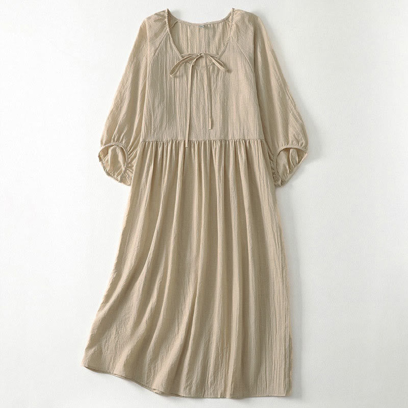 Nimara Ritual Spring Solid Color Lace-up Crew Neck Design Three Quarter Sleeve Women's Midi Dress