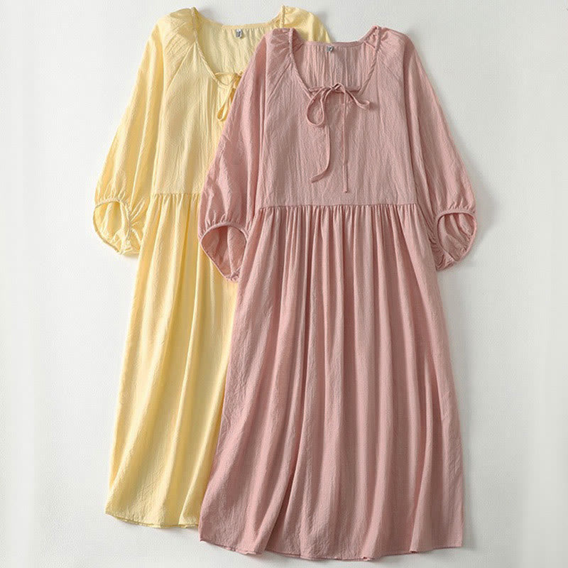 Nimara Ritual Spring Solid Color Lace-up Crew Neck Design Three Quarter Sleeve Women's Midi Dress