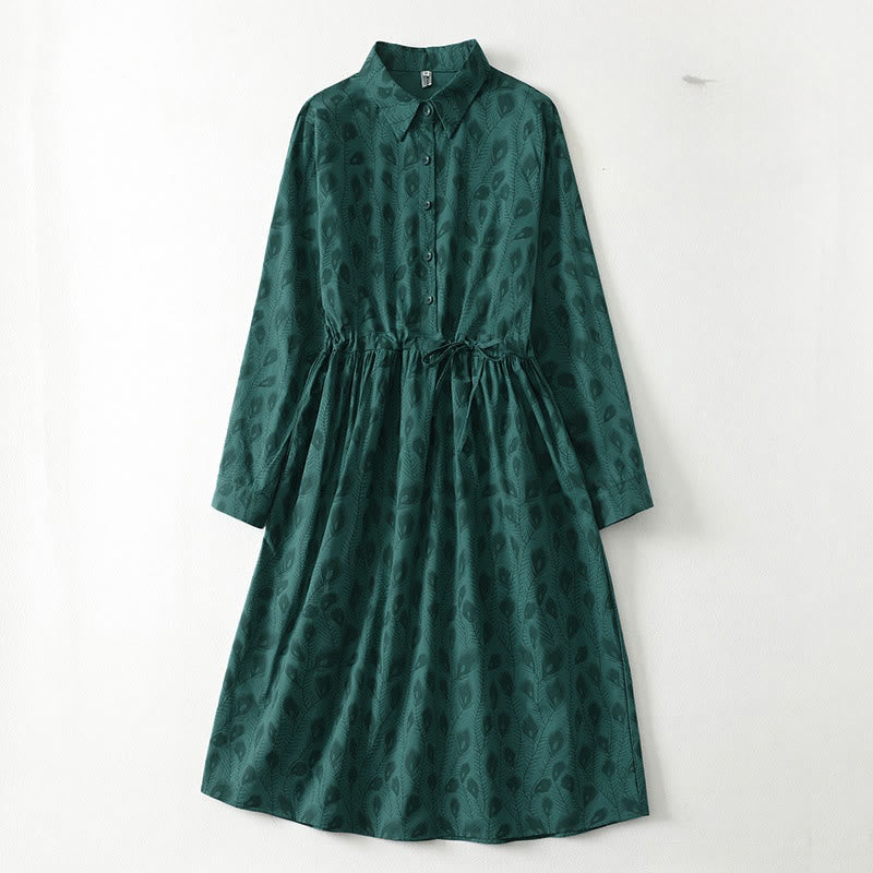 Nimara Ritual Spring Grass Vines Print Buttons Design Long Sleeve Midi Dress With Pockets
