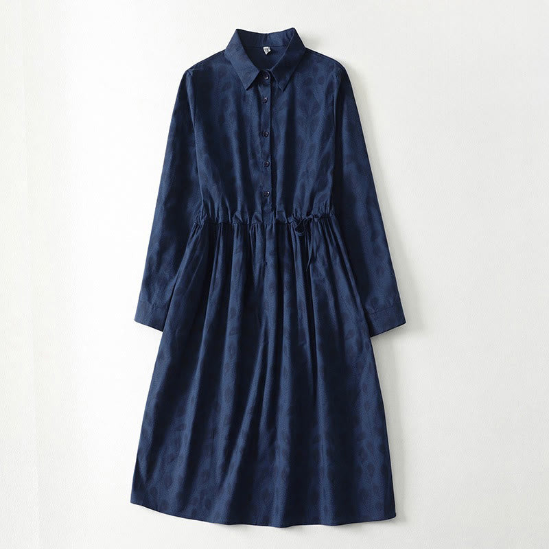 Nimara Ritual Spring Grass Vines Print Buttons Design Long Sleeve Midi Dress With Pockets