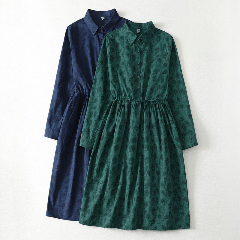 Nimara Ritual Spring Grass Vines Print Buttons Design Long Sleeve Midi Dress With Pockets