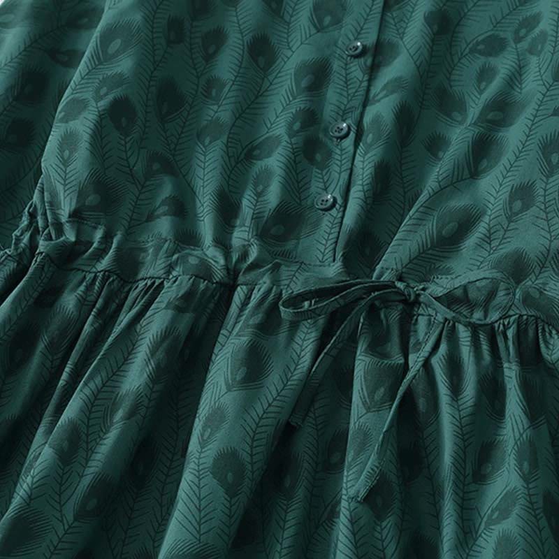 Nimara Ritual Spring Grass Vines Print Buttons Design Long Sleeve Midi Dress With Pockets