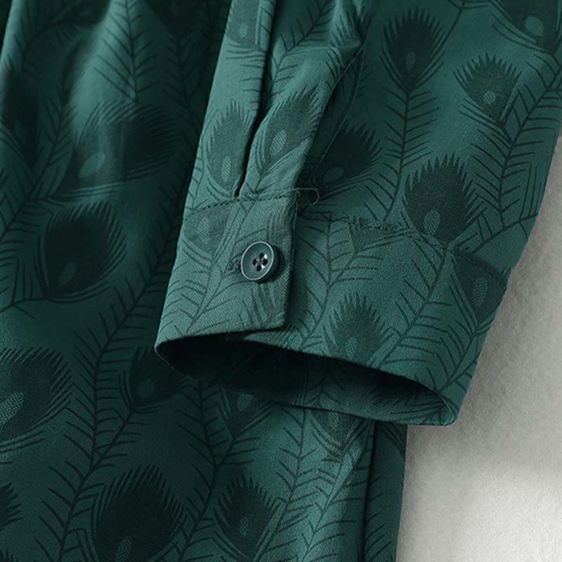 Nimara Ritual Spring Grass Vines Print Buttons Design Long Sleeve Midi Dress With Pockets