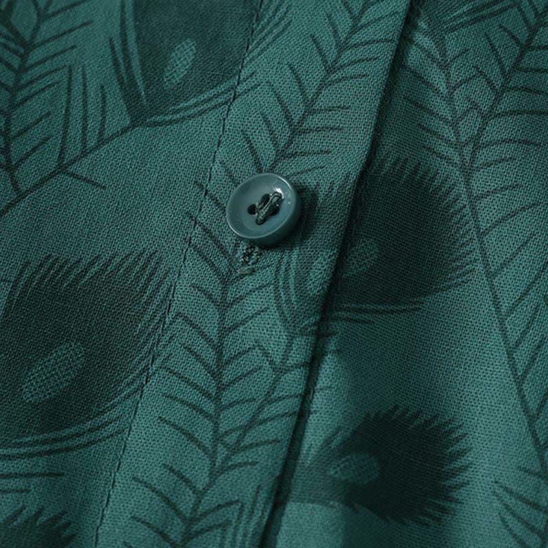 Nimara Ritual Spring Grass Vines Print Buttons Design Long Sleeve Midi Dress With Pockets