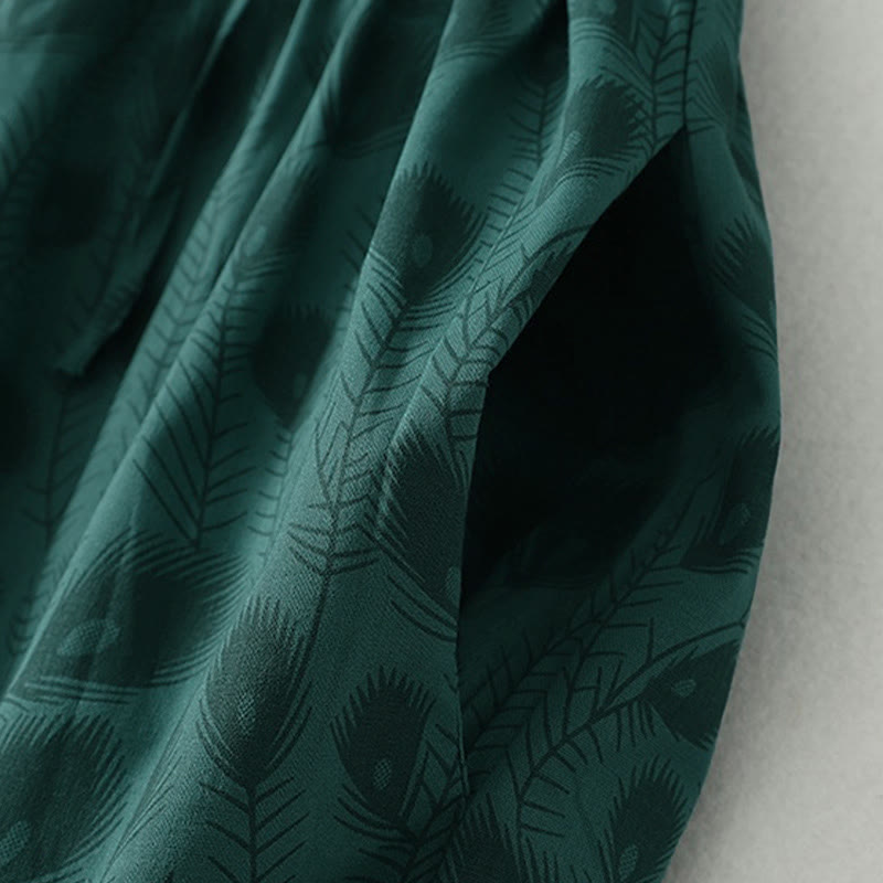 Nimara Ritual Spring Grass Vines Print Buttons Design Long Sleeve Midi Dress With Pockets