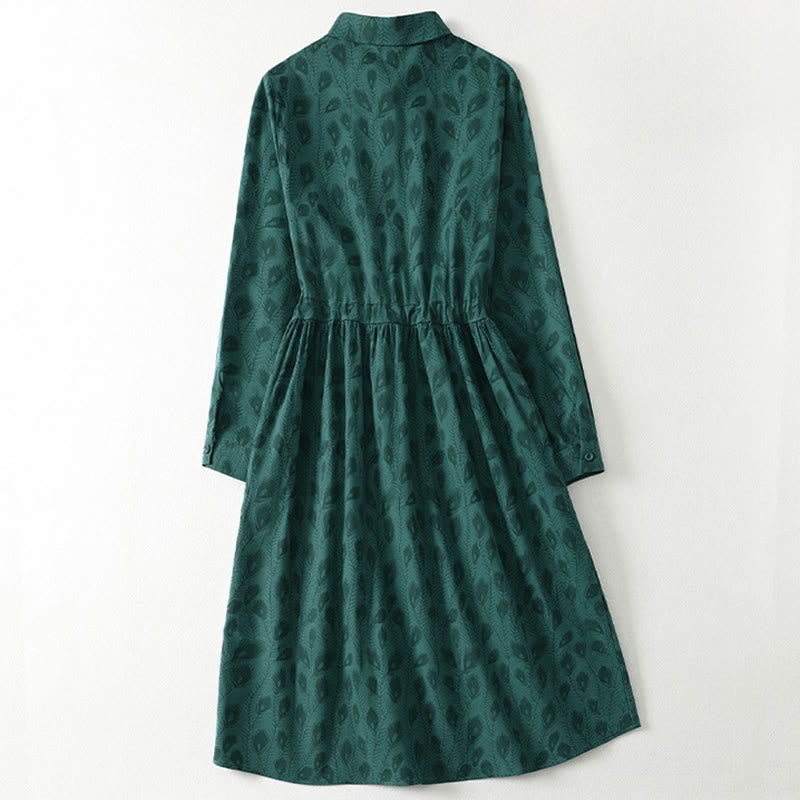 Nimara Ritual Spring Grass Vines Print Buttons Design Long Sleeve Midi Dress With Pockets