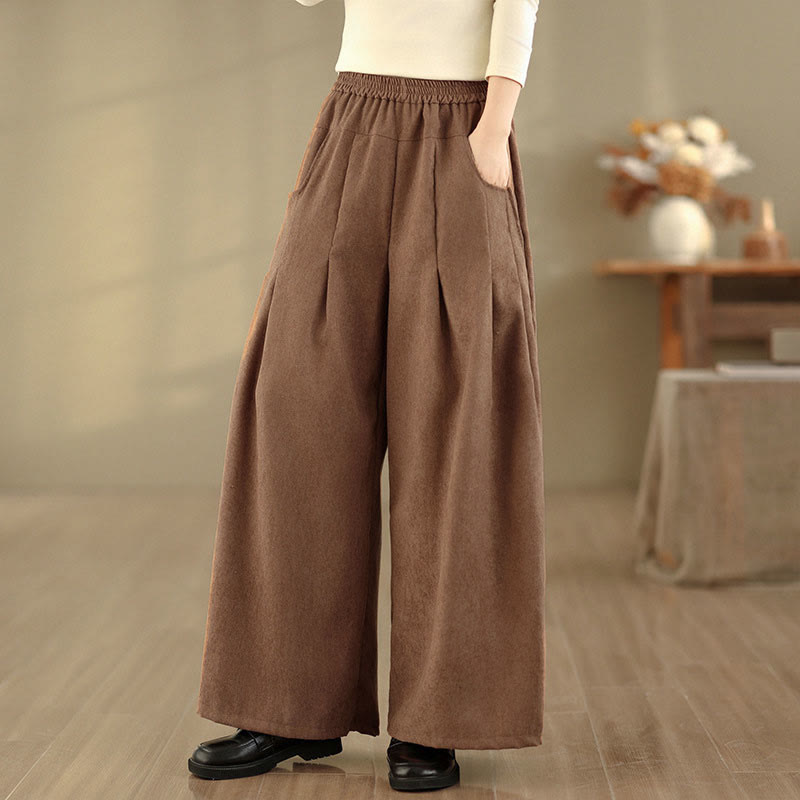 Nimara Ritual Spring Plain Brown Corduroy Women's Wide Leg Pants With Pockets