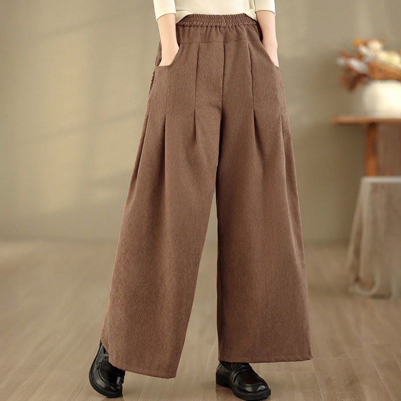 Nimara Ritual Spring Plain Brown Corduroy Women's Wide Leg Pants With Pockets