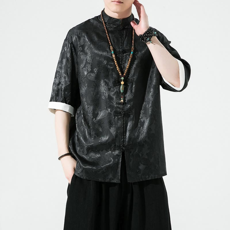 Nimara Ritual Summer Cashew Flowers Pattern Men's Frog-Button Half Sleeve Shirts