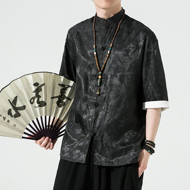 Nimara Ritual Summer Cashew Flowers Pattern Men's Frog-Button Half Sleeve Shirts