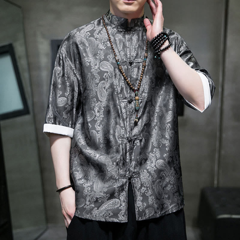 Nimara Ritual Summer Cashew Flowers Pattern Men's Frog-Button Half Sleeve Shirts