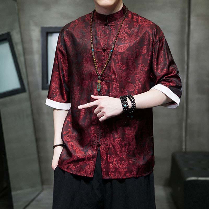 Nimara Ritual Summer Cashew Flowers Pattern Men's Frog-Button Half Sleeve Shirts