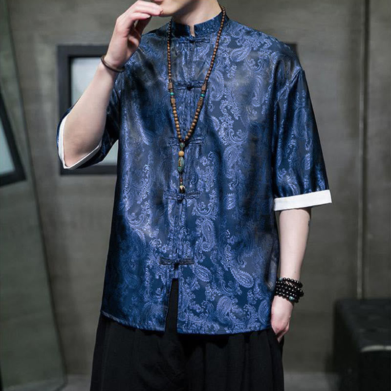 Nimara Ritual Summer Cashew Flowers Pattern Men's Frog-Button Half Sleeve Shirts