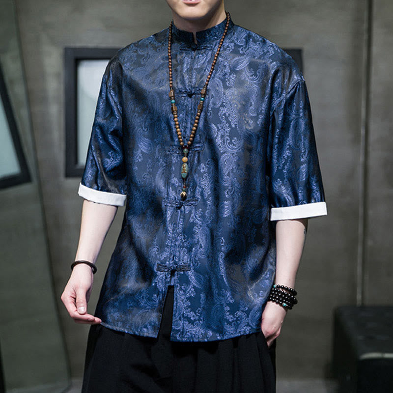 Nimara Ritual Summer Cashew Flowers Pattern Men's Frog-Button Half Sleeve Shirts