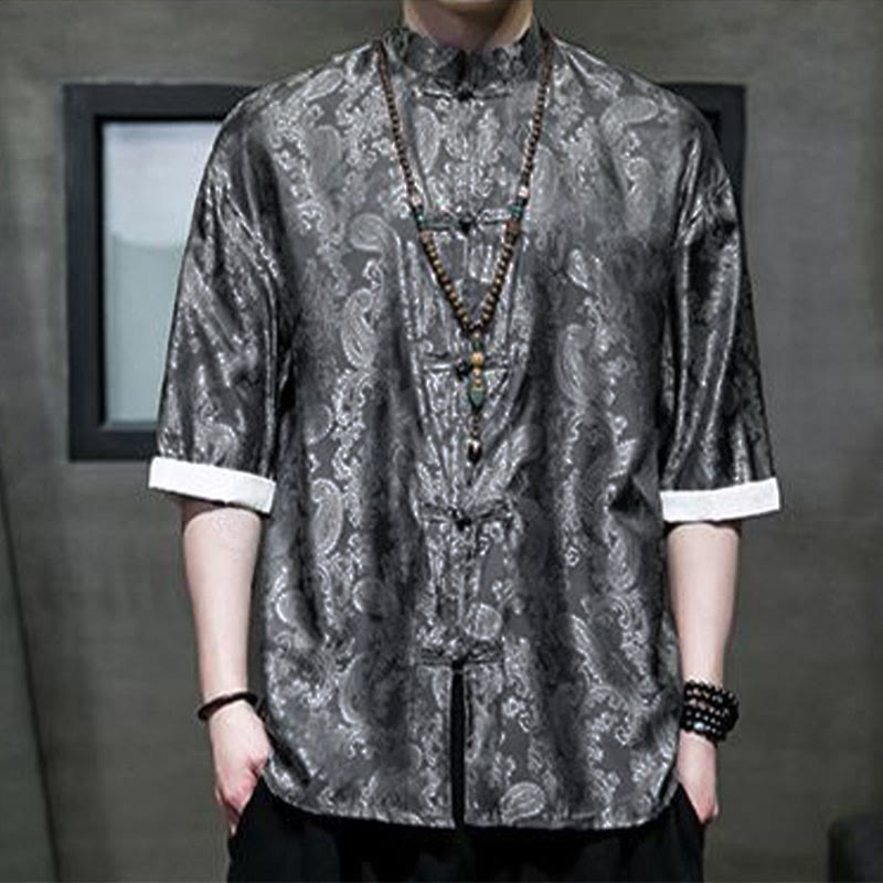 Nimara Ritual Summer Cashew Flowers Pattern Men's Frog-Button Half Sleeve Shirts