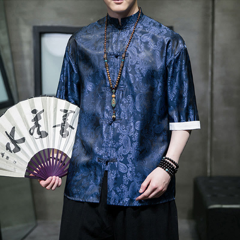 Nimara Ritual Summer Cashew Flowers Pattern Men's Frog-Button Half Sleeve Shirts