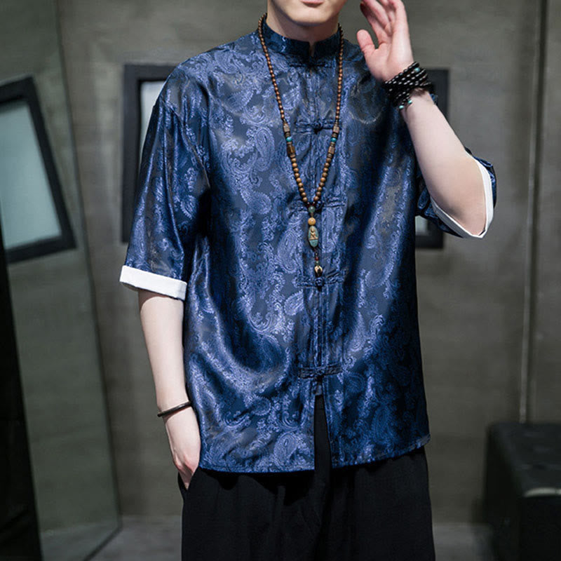 Nimara Ritual Summer Cashew Flowers Pattern Men's Frog-Button Half Sleeve Shirts