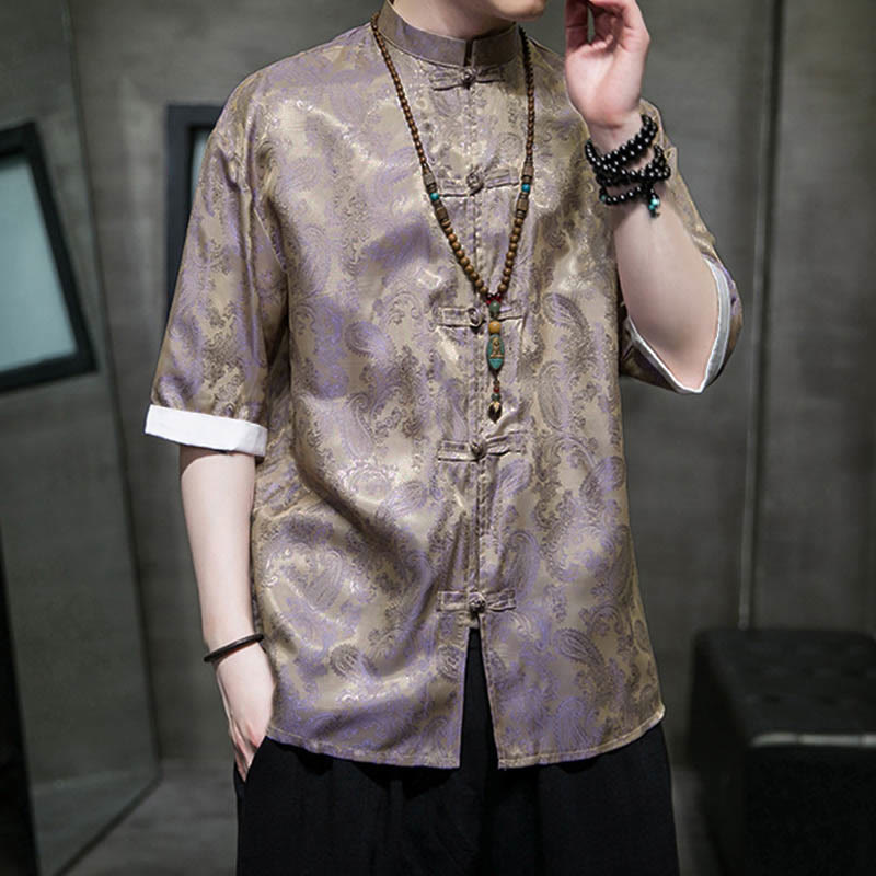 Nimara Ritual Summer Cashew Flowers Pattern Men's Frog-Button Half Sleeve Shirts