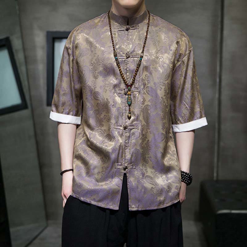 Nimara Ritual Summer Cashew Flowers Pattern Men's Frog-Button Half Sleeve Shirts
