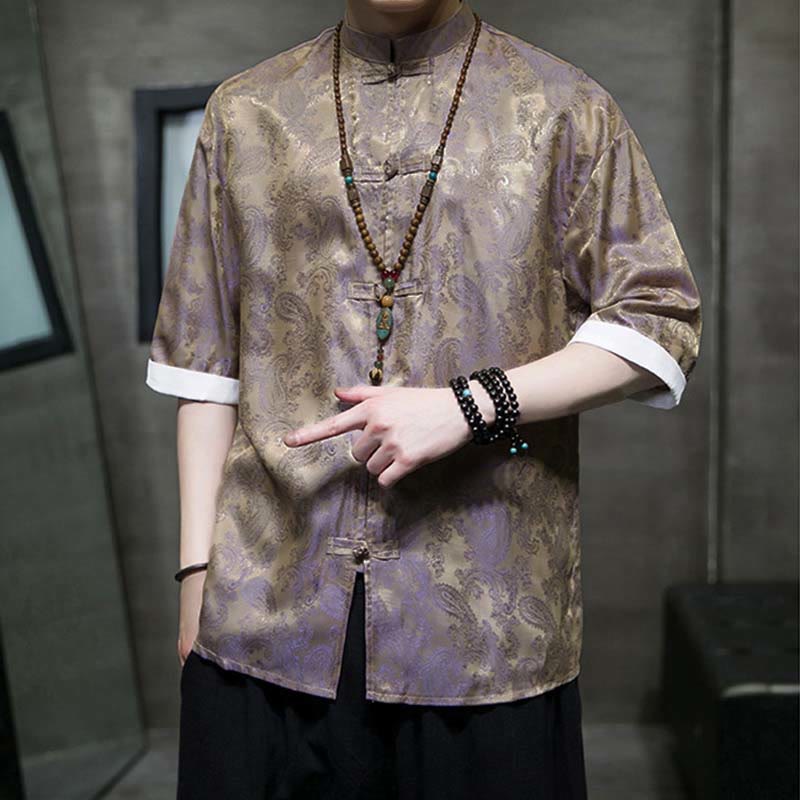 Nimara Ritual Summer Cashew Flowers Pattern Men's Frog-Button Half Sleeve Shirts