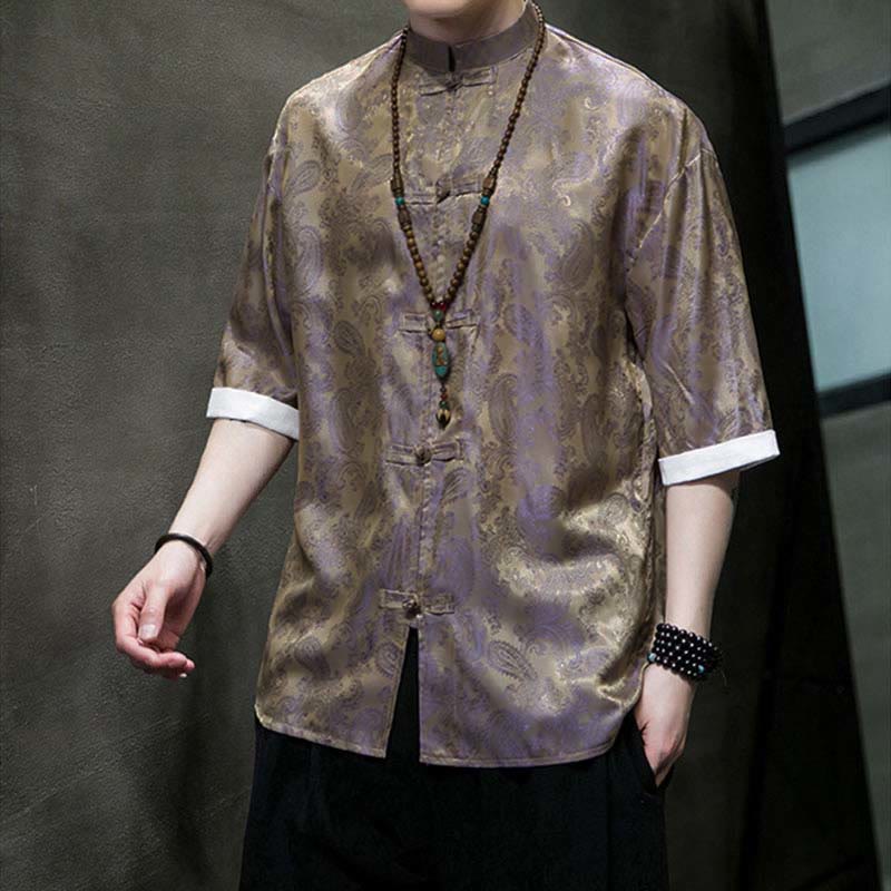 Nimara Ritual Summer Cashew Flowers Pattern Men's Frog-Button Half Sleeve Shirts