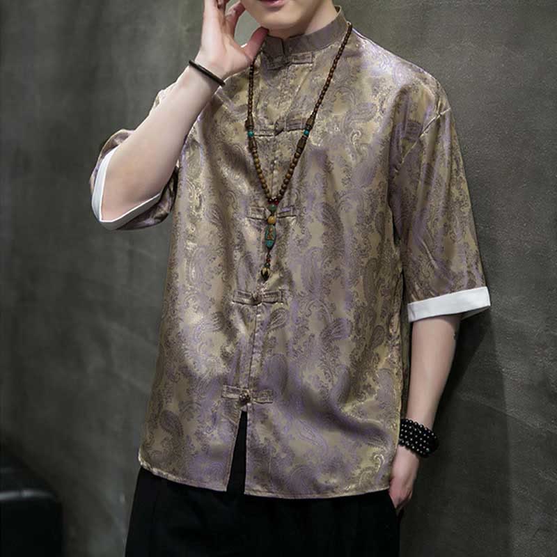 Nimara Ritual Summer Cashew Flowers Pattern Men's Frog-Button Half Sleeve Shirts