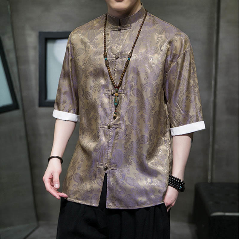 Nimara Ritual Summer Cashew Flowers Pattern Men's Frog-Button Half Sleeve Shirts