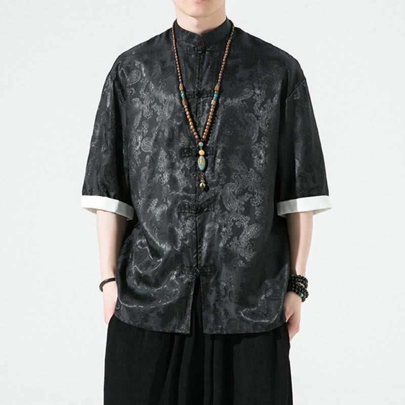 Nimara Ritual Summer Cashew Flowers Pattern Men's Frog-Button Half Sleeve Shirts