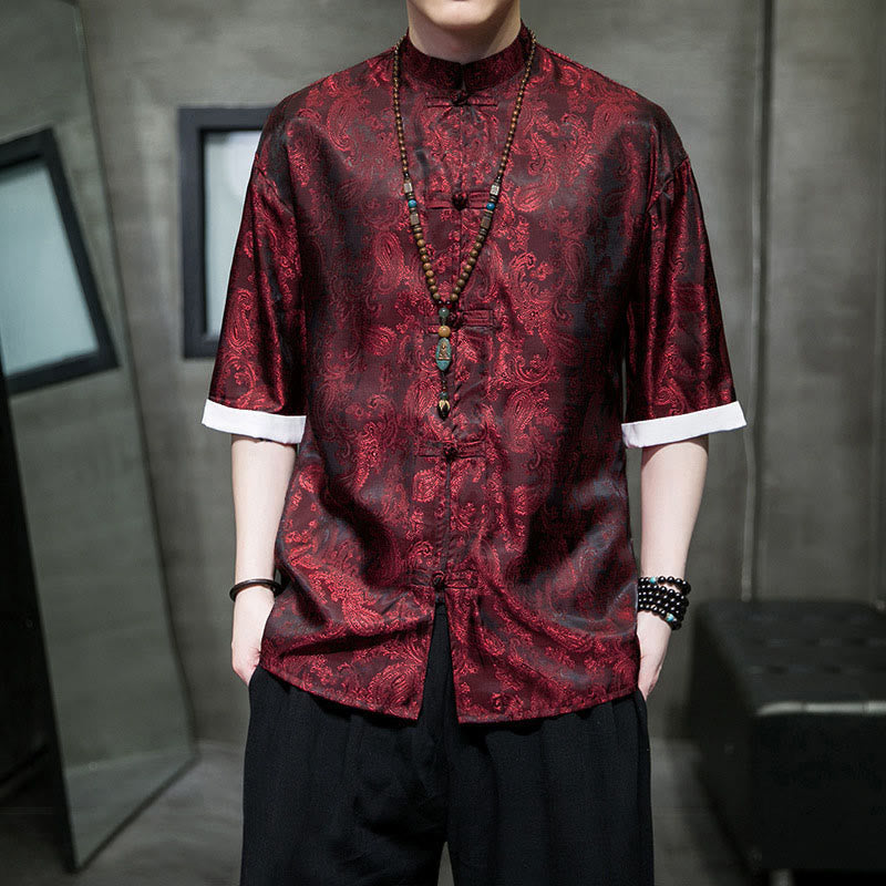 Nimara Ritual Summer Cashew Flowers Pattern Men's Frog-Button Half Sleeve Shirts