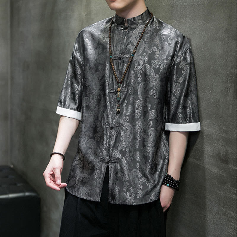 Nimara Ritual Summer Cashew Flowers Pattern Men's Frog-Button Half Sleeve Shirts