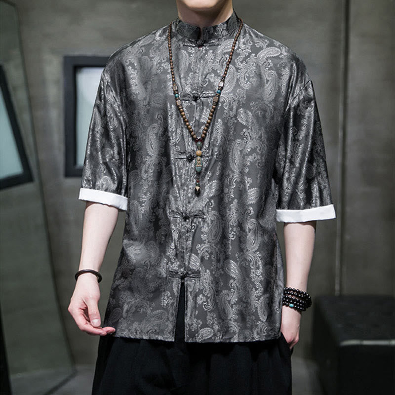 Nimara Ritual Summer Cashew Flowers Pattern Men's Frog-Button Half Sleeve Shirts