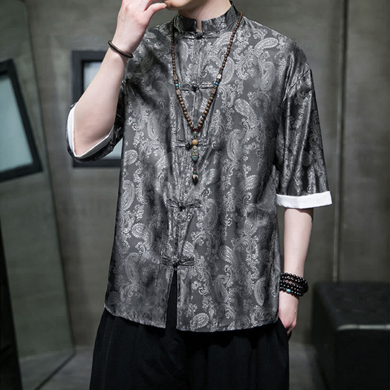 Nimara Ritual Summer Cashew Flowers Pattern Men's Frog-Button Half Sleeve Shirts