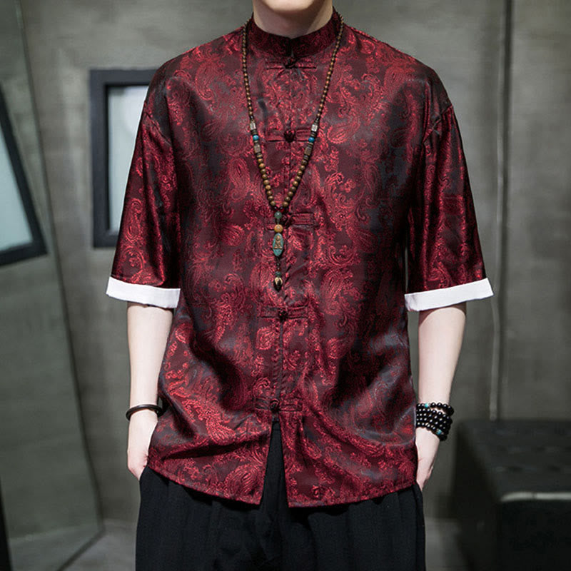 Nimara Ritual Summer Cashew Flowers Pattern Men's Frog-Button Half Sleeve Shirts