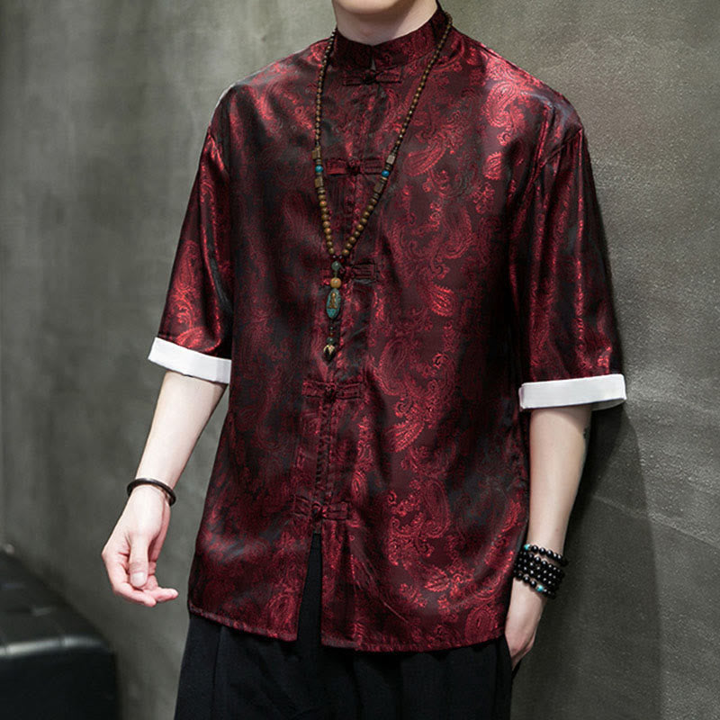 Nimara Ritual Summer Cashew Flowers Pattern Men's Frog-Button Half Sleeve Shirts