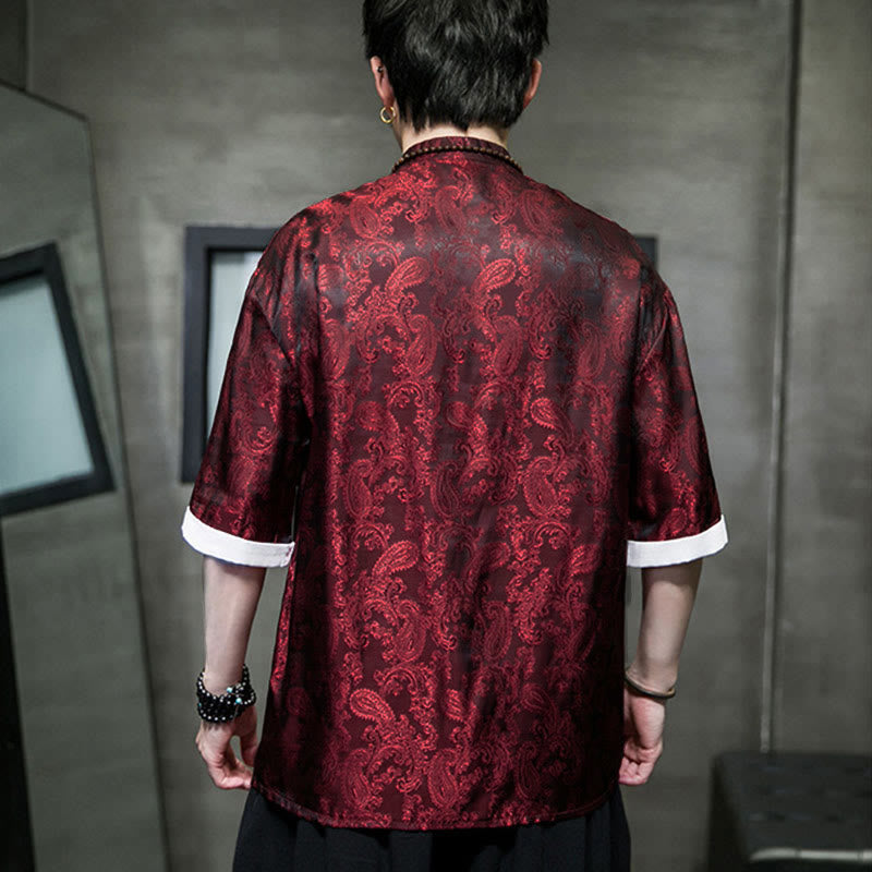 Nimara Ritual Summer Cashew Flowers Pattern Men's Frog-Button Half Sleeve Shirts